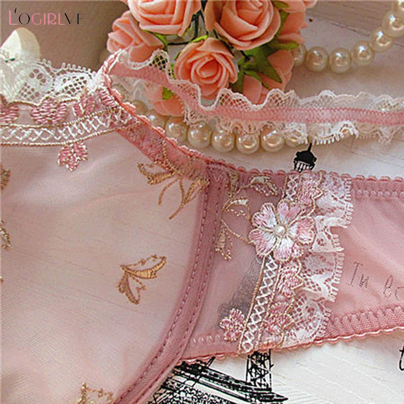 Logirlve Exquisite embroidery lotus pink ultra-thin women's sexy transparent lace underwear bra set