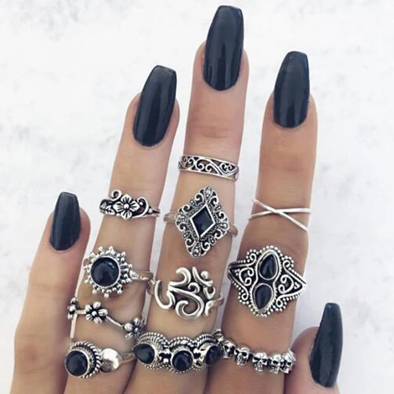 10 Style Black Opal Stone Crown Flower Elephant Crescent Ring Set for Women Metal Knuckle  Jewelry Accessories