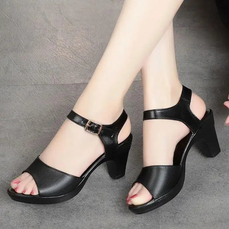 Cresfimix Women Fashion Black Comfort Summer Hollow Open Toe Square Heel Shoes Lady Spring Buckle Strap Open Toe Heels A9511