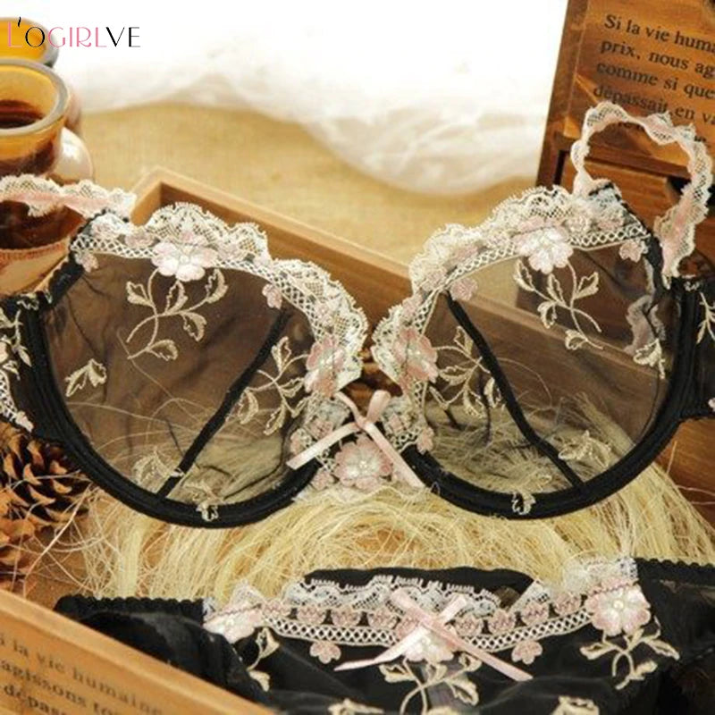 Logirlve Exquisite embroidery lotus pink ultra-thin women's sexy transparent lace underwear bra set