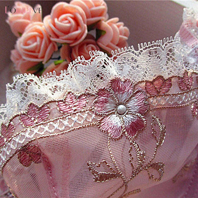 Logirlve Exquisite embroidery lotus pink ultra-thin women's sexy transparent lace underwear bra set