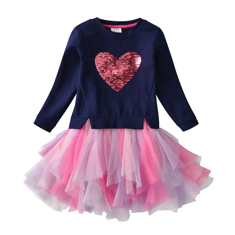 VIKITA Kids Heart Dresses Children Autumn Long Sleeve Vestidos Kids Casual Dress Toddler Mesh Tulle Dresses Children Clothing