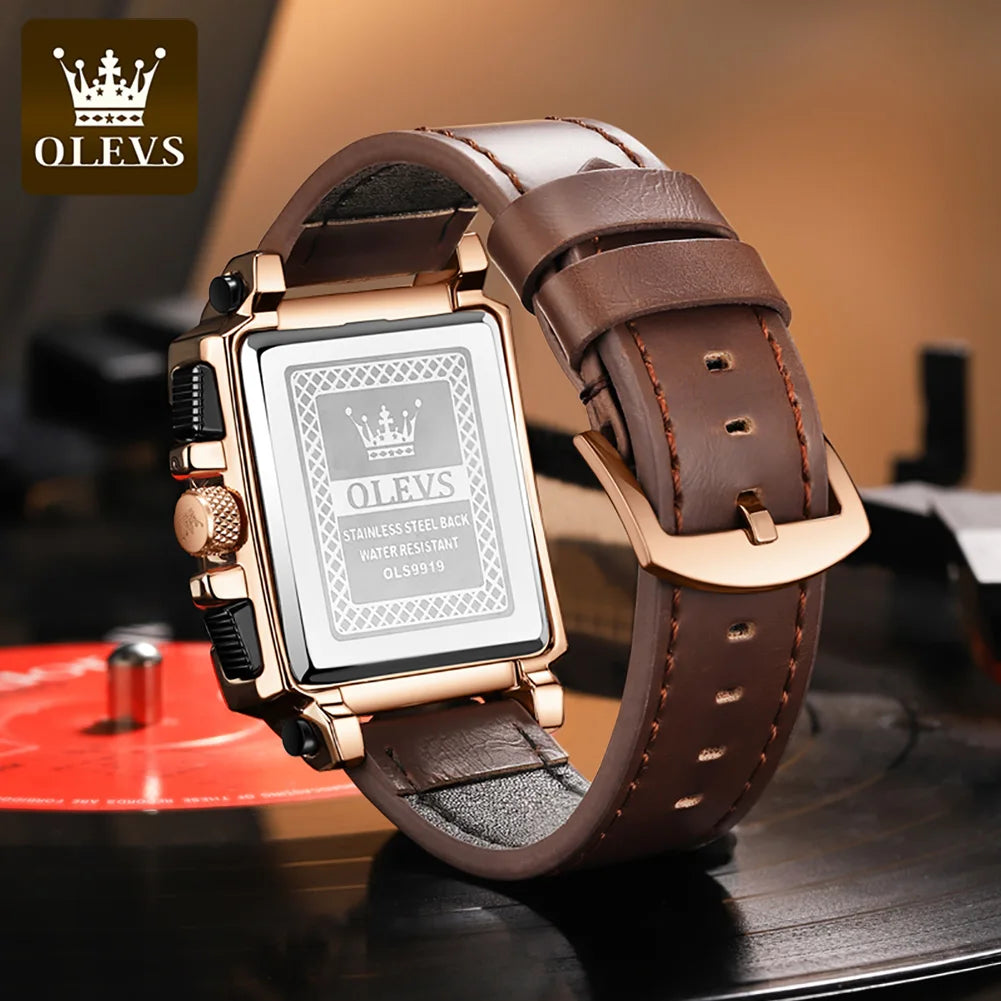 OLEVS Men's Watches Black Leather Strap Wristwatch Waterproof Luminous Analog Quartz Fashion Business Sport Watches for Men 9919