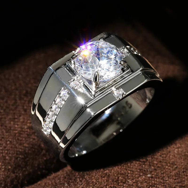 Huitan Luxury Silver Color Round Cubic Zircon Rings for Men Classic Wedding Ceremony Ring Dazzling Male Accessories Jewelry Hot