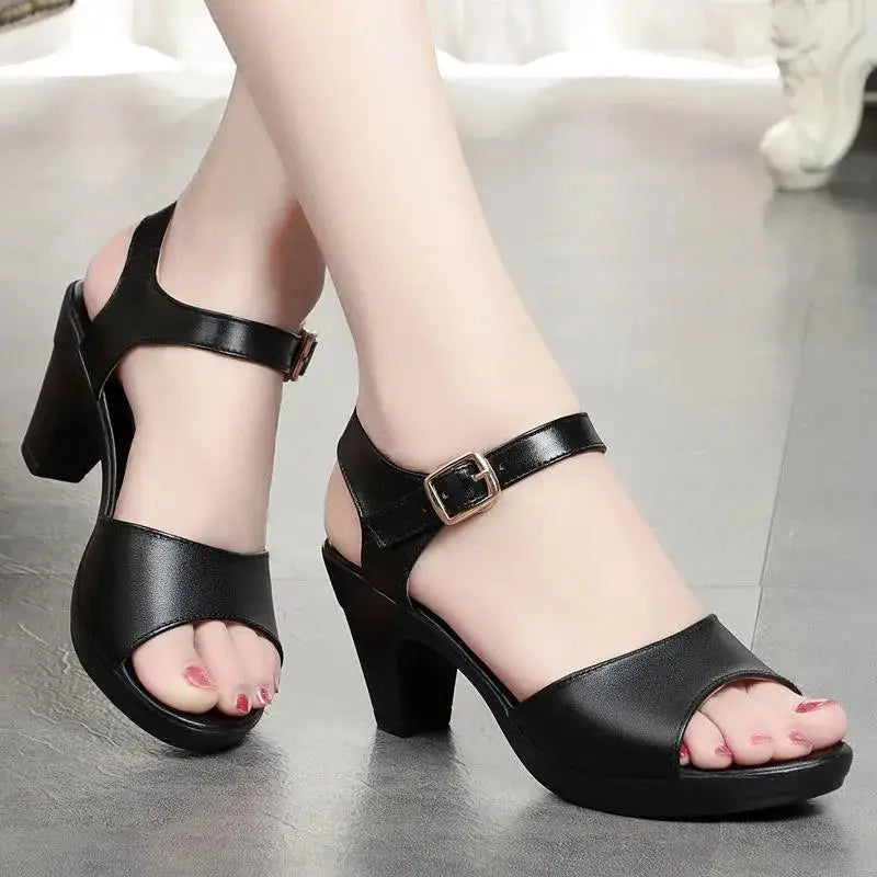 Cresfimix Women Fashion Black Comfort Summer Hollow Open Toe Square Heel Shoes Lady Spring Buckle Strap Open Toe Heels A9511