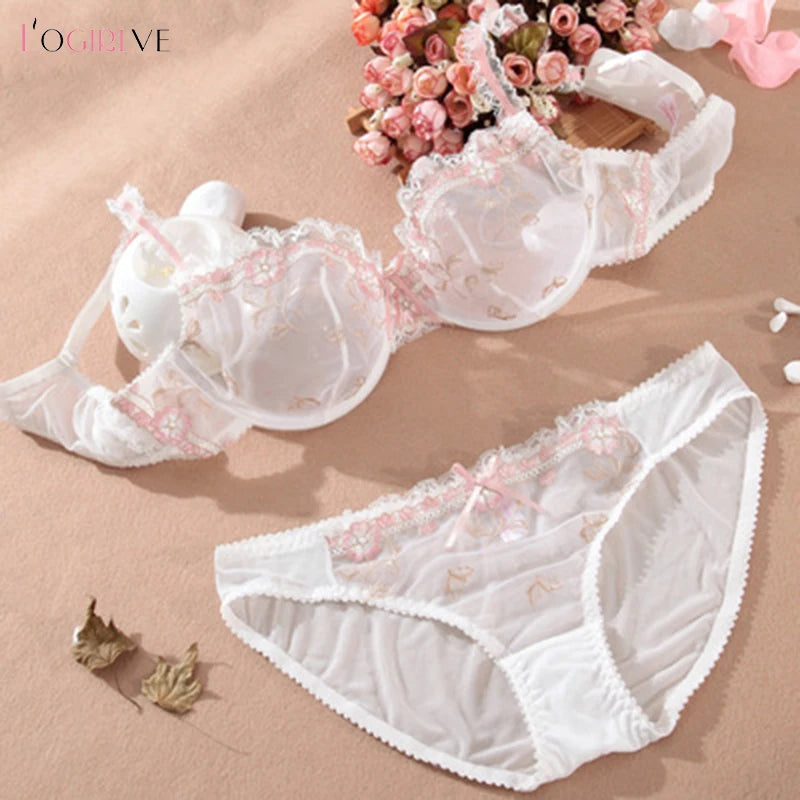 Logirlve Exquisite embroidery lotus pink ultra-thin women's sexy transparent lace underwear bra set