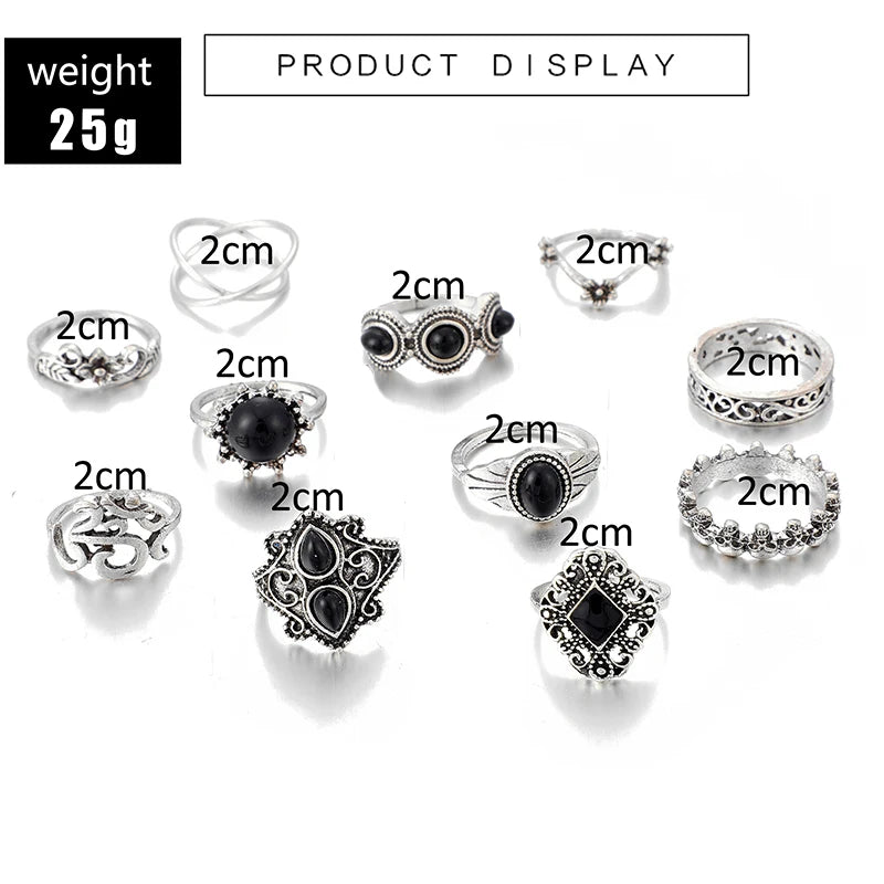 10 Style Black Opal Stone Crown Flower Elephant Crescent Ring Set for Women Metal Knuckle  Jewelry Accessories