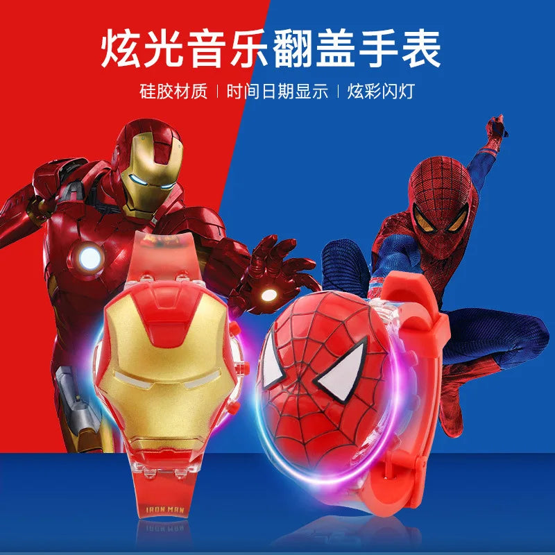 Disney Marvel Spiderman iron Man Frozen Children's music flashing light luminous flip watch boy girl Toy watch birthday present