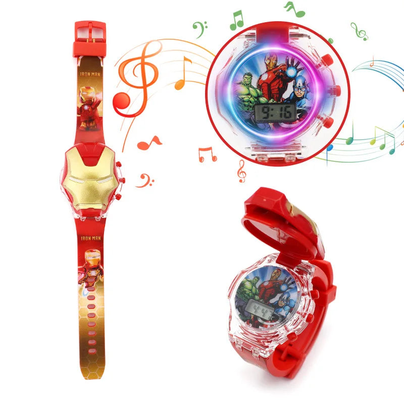 Disney Marvel Spiderman iron Man Frozen Children's music flashing light luminous flip watch boy girl Toy watch birthday present