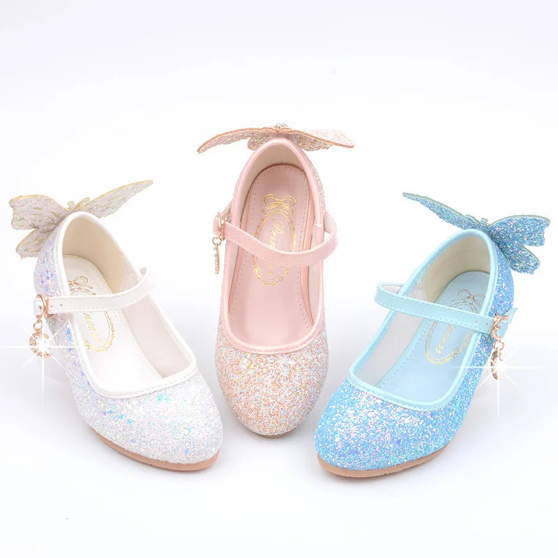 New Kids Leather Shoes Fashion Fringed Butterfly Knot Girls Princess Shoes Casual Glitter Children High Heel Student Dance Shoes