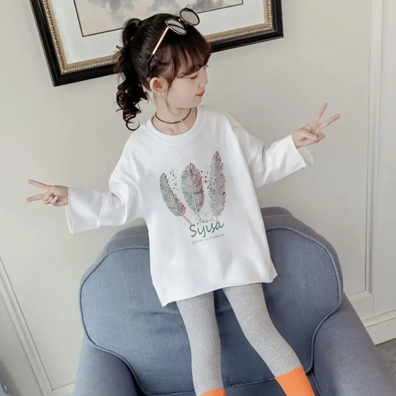 110-160 Cm Spring Autumn Girl Casual Long Sleeve Wide T-Shirt Baby Kids Children Oversize Tee