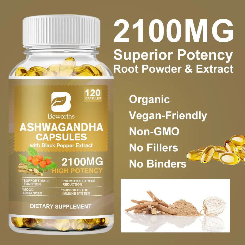 B BEWORTHS Organic Ashwagandha Capsules Helps Stress Relief & Mood & Immune & Thyroid Male Functional Healthy Food