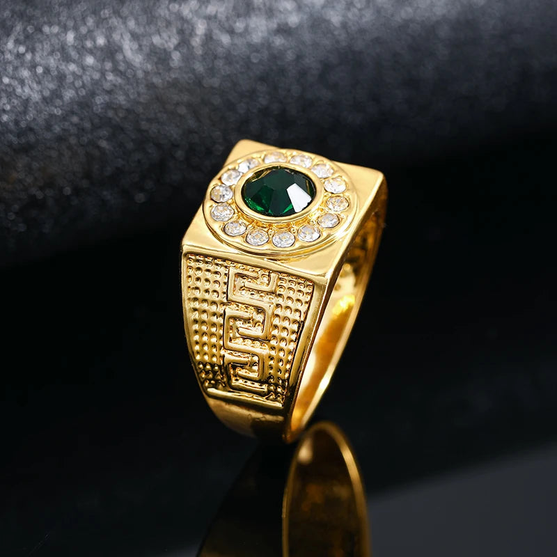 Fashion Men's Classic Gold Color Ring Luxurly Inlaid with Green Stone Rings for Men Husband Party Wedding Ring Anniversary Gift