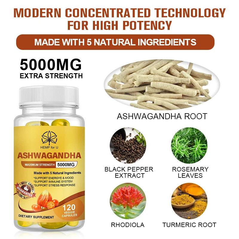 5000mg Ashwagandha Extract Capsules Support Deep Sleep, Immune, Good Mood, Mental Stress Support Dietary Supplement