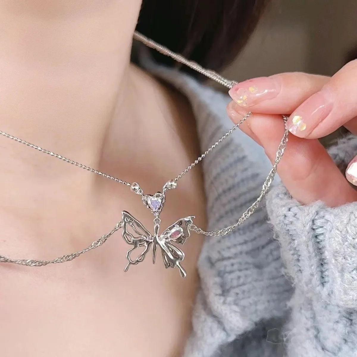 Y2K Crystal Butterfly Pendant Necklace Women Light Luxury Egirl Punk Heart Grunge Clavicle Chain Fashion Jewelry Party Gift 2023