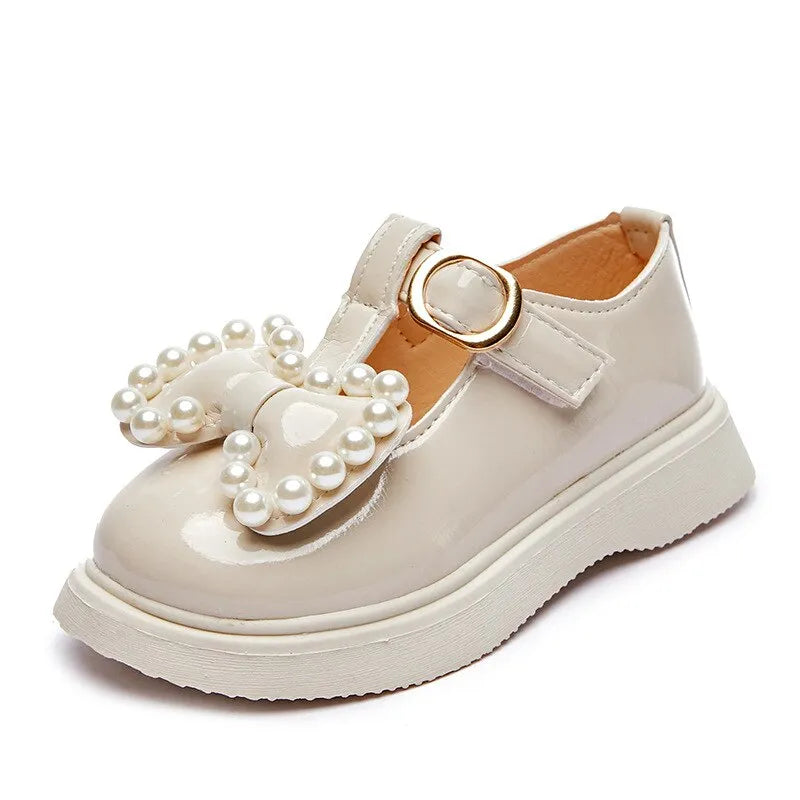 Girls Leather Shoes With Bowtie Pearls Beading Princess Sweet Cute Soft Comfortable Children Flats Kids Shoes Spring