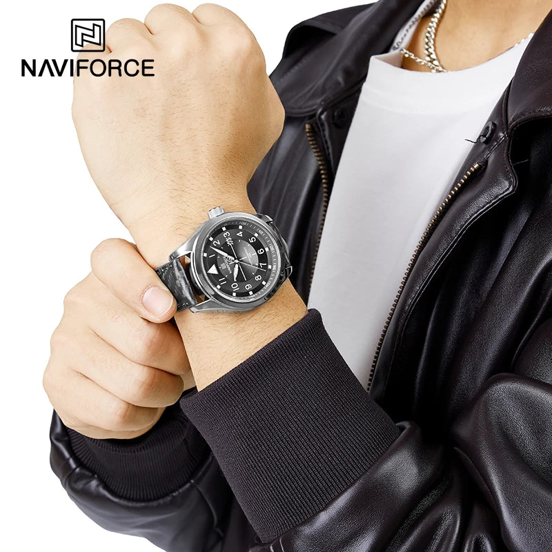 NAVIFORCE Casual Leather Strap Men Watches Fashion Analog Quartz Calendar Waterproof Wristwatch with Luminous Hands Reloj Hombre