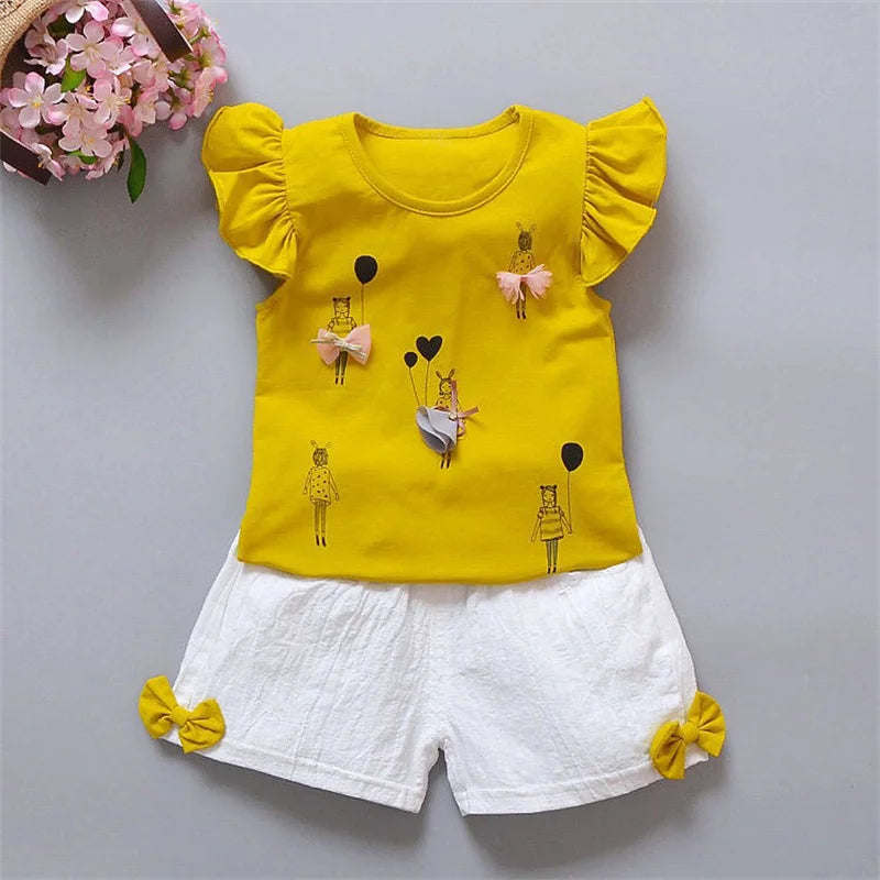 Summer Two Piece Girl Clothes Set Baby Outfit Ruffle Short Sleeve T-shirt Pant 2Pcs Suit Lovely Bow Children Casual Costume A515