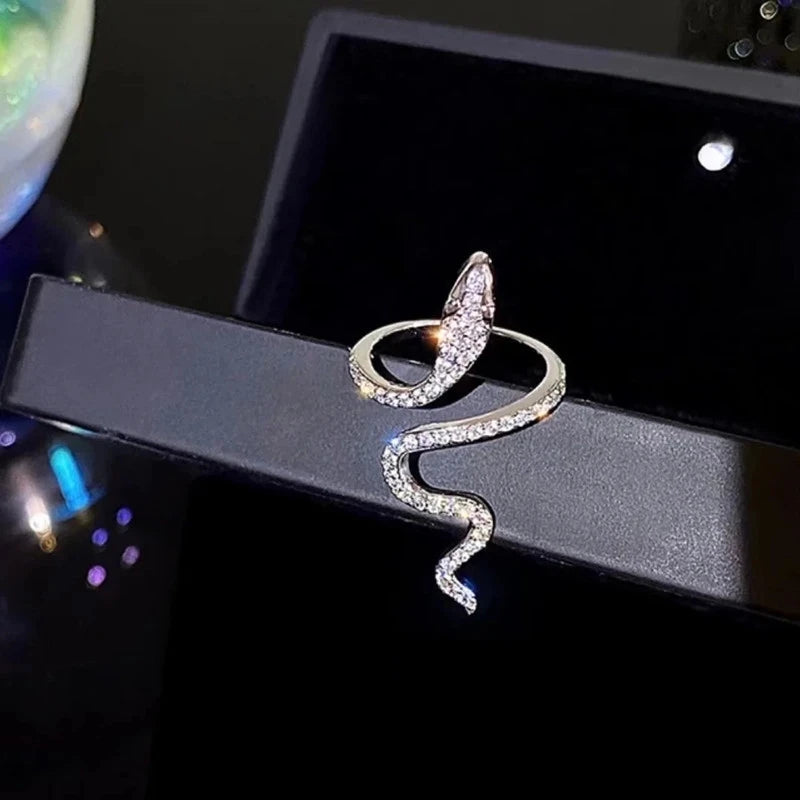 Gothic Rhinestones Open Snake Ring Adjustable Animal Rings Reptile for Men Women Fashion Punk Boy Girl Birthday Jewelry Gifts