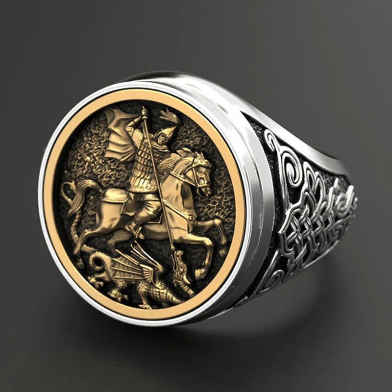 Vintage Two Tone Color Metal Rome Soldier Horse Dragon Ring for Mens Punk Steampunk Hip Hop Carved Animals Pattern Party Gift