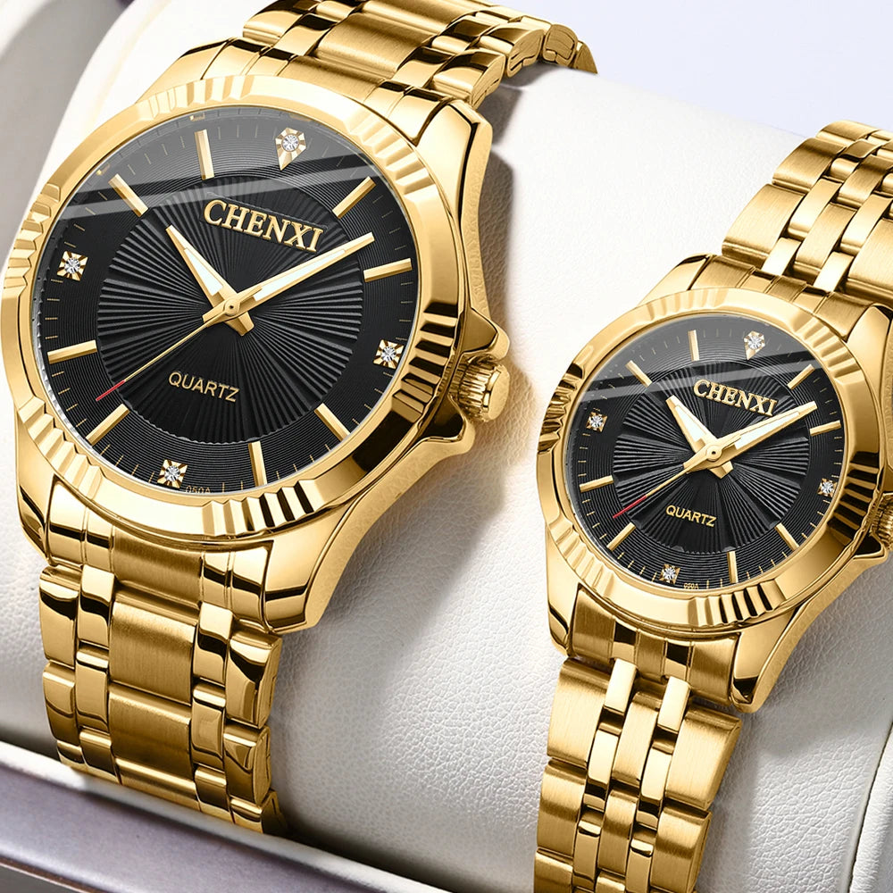 CHENXI Brand Classic Delicate Rhinestone Couple Lover Watches Fashion Luxury Gold Stainless Steel Men&Women Watch Orologi Coppia