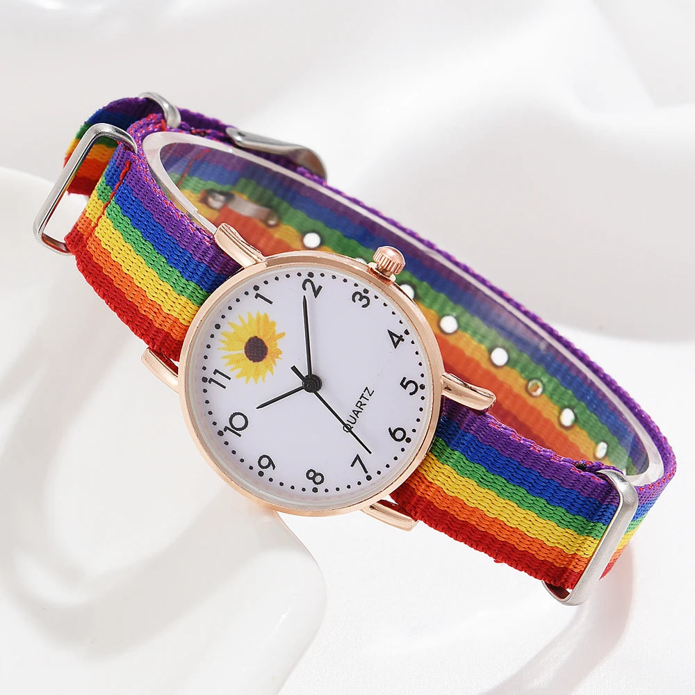 Fashion Luxury Women's Quartz Watches Ladies Rainbow Color Fabric Belt Wristwatch For Women Stylish Dress Reloj Mujer