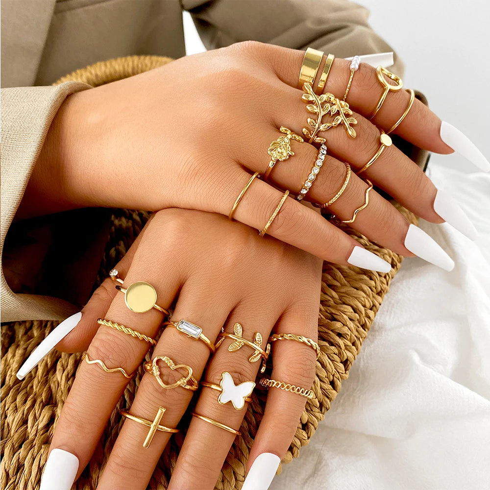 24pcs Vintage Cross Heart Butterfly Ring Set For Women Metal Gold Color Geometric Pearl Hollow Finger Ring Trendy Jewelry Gift