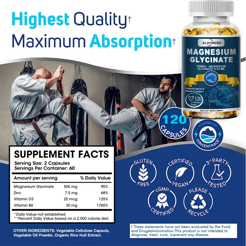 Alxfresh Magnesium Glycinate Dietary Supplement 500mg with Zinc,Vitamin D3 B6 Promotes Muscle Nerve Health Natural Capsules