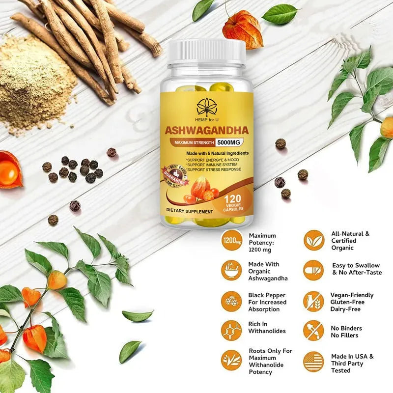 5000mg Ashwagandha Extract Capsules Support Deep Sleep, Immune, Good Mood, Mental Stress Support Dietary Supplement