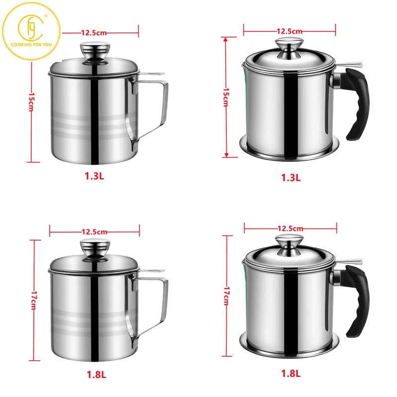 1.3L/1.8L 304 Stainless Steel Oil Strainer Pot Container Jug Storage Can with Filter Cooking Oil Pot for Herb & Spice Tools