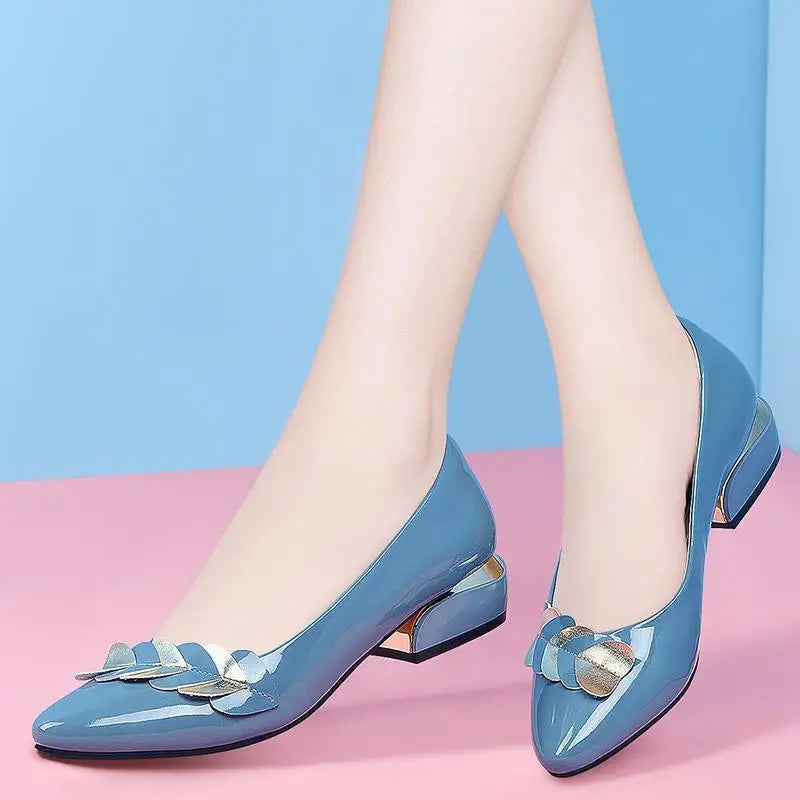 Women Dress Shoes Patent Leather Mid Heel Pumps Fashion Shoes Pointed Toe Slip on Office Ladies Shoes Zapatos Black Women Shoes