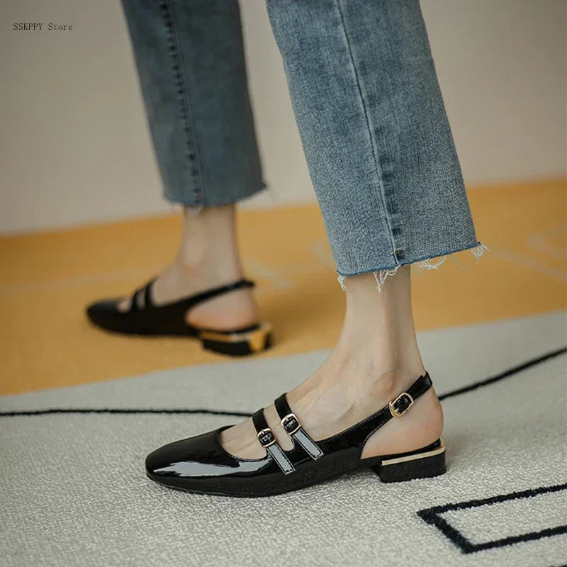 Summer Shoes Low Heel Sandals Square Toe Leather Mary Jane High Heels Ladies Double Buckle Comfortable and Elegant Sandals