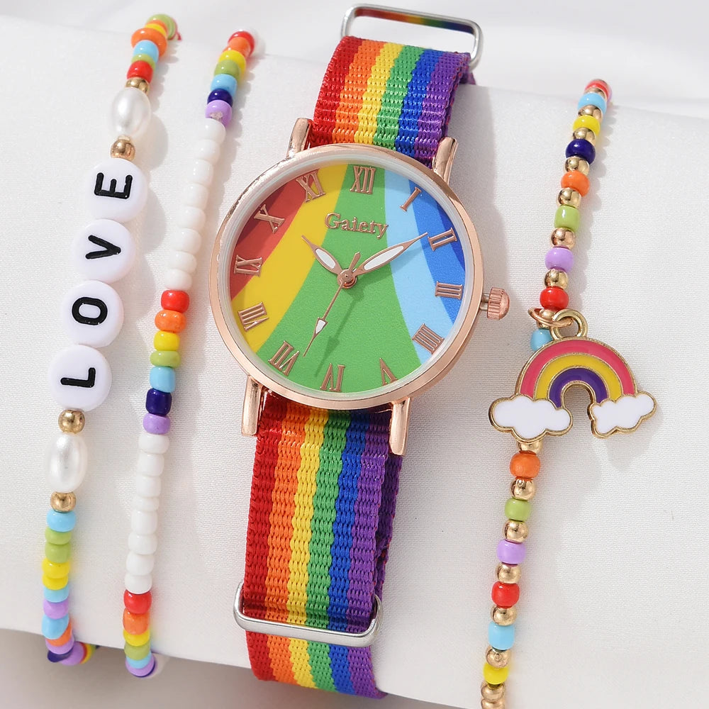 Fashion Luxury Women's Quartz Watches Ladies Rainbow Color Fabric Belt Wristwatch For Women Stylish Dress Reloj Mujer