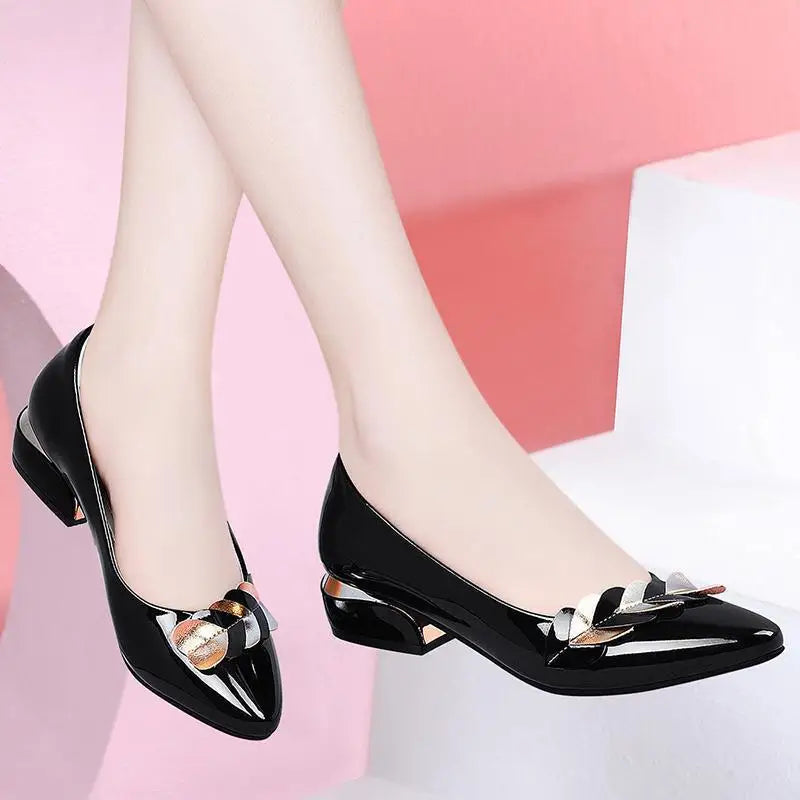 Women Dress Shoes Patent Leather Mid Heel Pumps Fashion Shoes Pointed Toe Slip on Office Ladies Shoes Zapatos Black Women Shoes