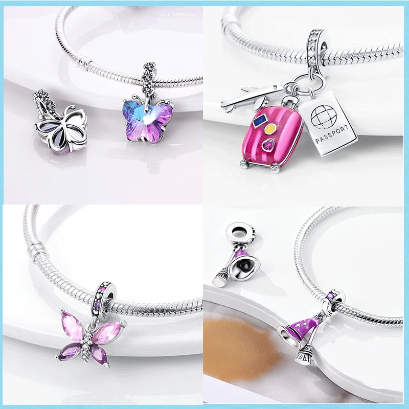 100% Real 925 Sterling Silver Glass Butterfly Luggage Aircraft Charms Fit Pandora 925 Original Bracelets Fine DIY Jewelry Making