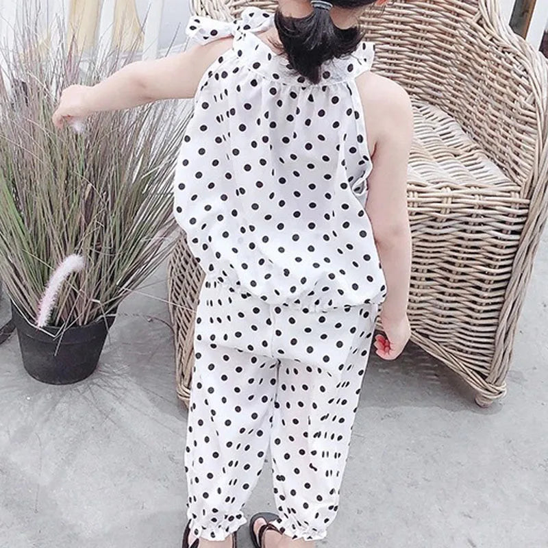 2PCS Baby Girls Clothing Sets Summer Sleeveless Polka Dot Kids Girls Clothes Chiffon Shirts+Pants Outfits Children Casual Suits