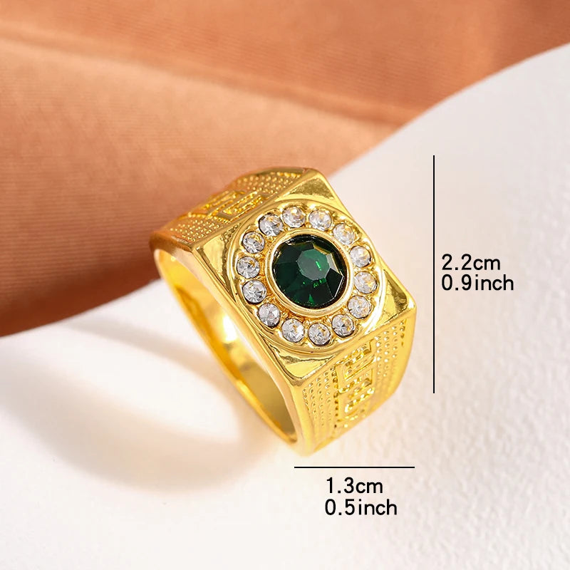 Fashion Men's Classic Gold Color Ring Luxurly Inlaid with Green Stone Rings for Men Husband Party Wedding Ring Anniversary Gift