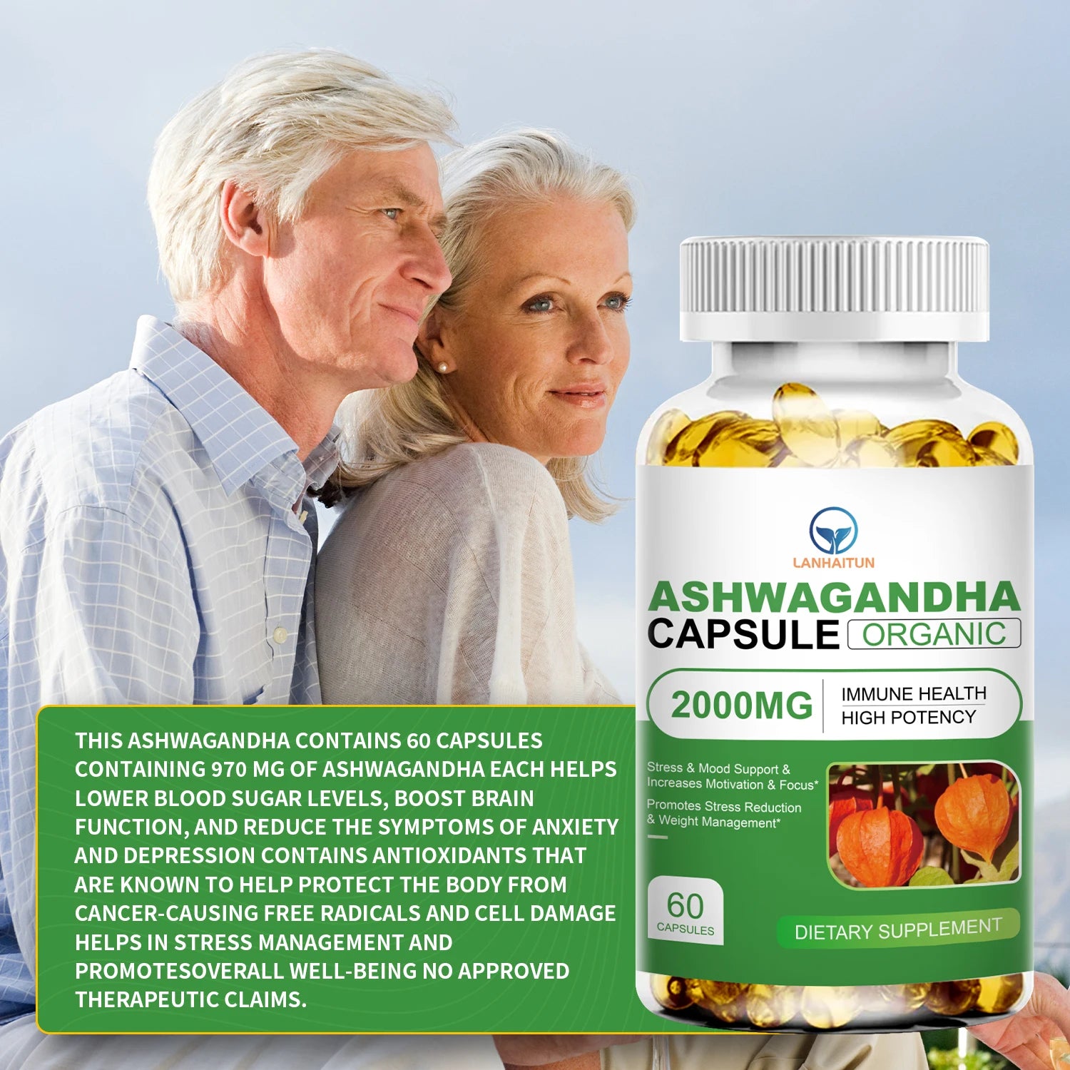 LANHAITUN Ashwagandha Extract Capsules with Black Pepper Dietary Supportment, Decompression, Improving Sleep, Enhancing Immunity