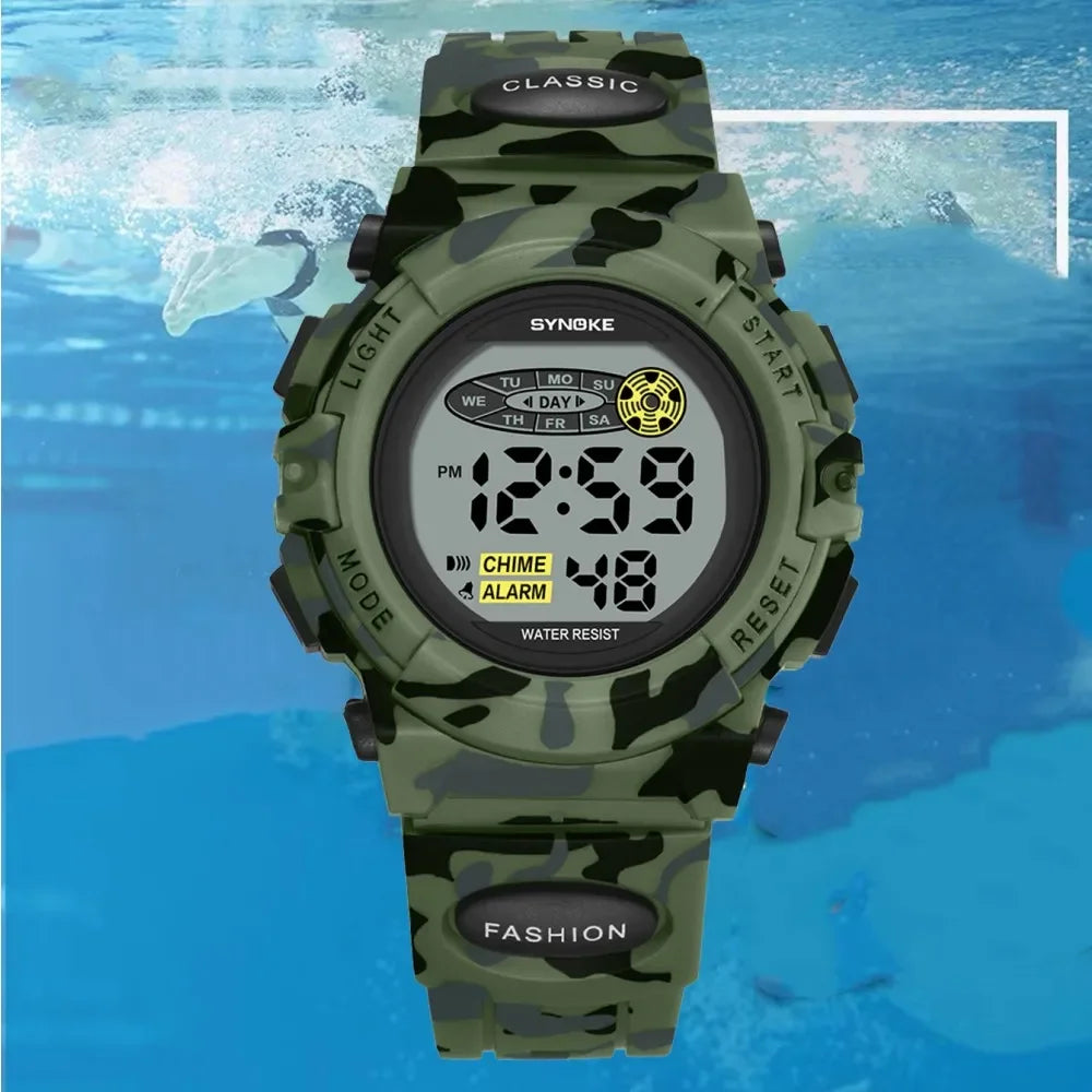 SYNOKE Student Sport Watch For Kids Colorful Electronic Watches 50M Waterproof Clock Children Digital Watch For Boys Camouflage