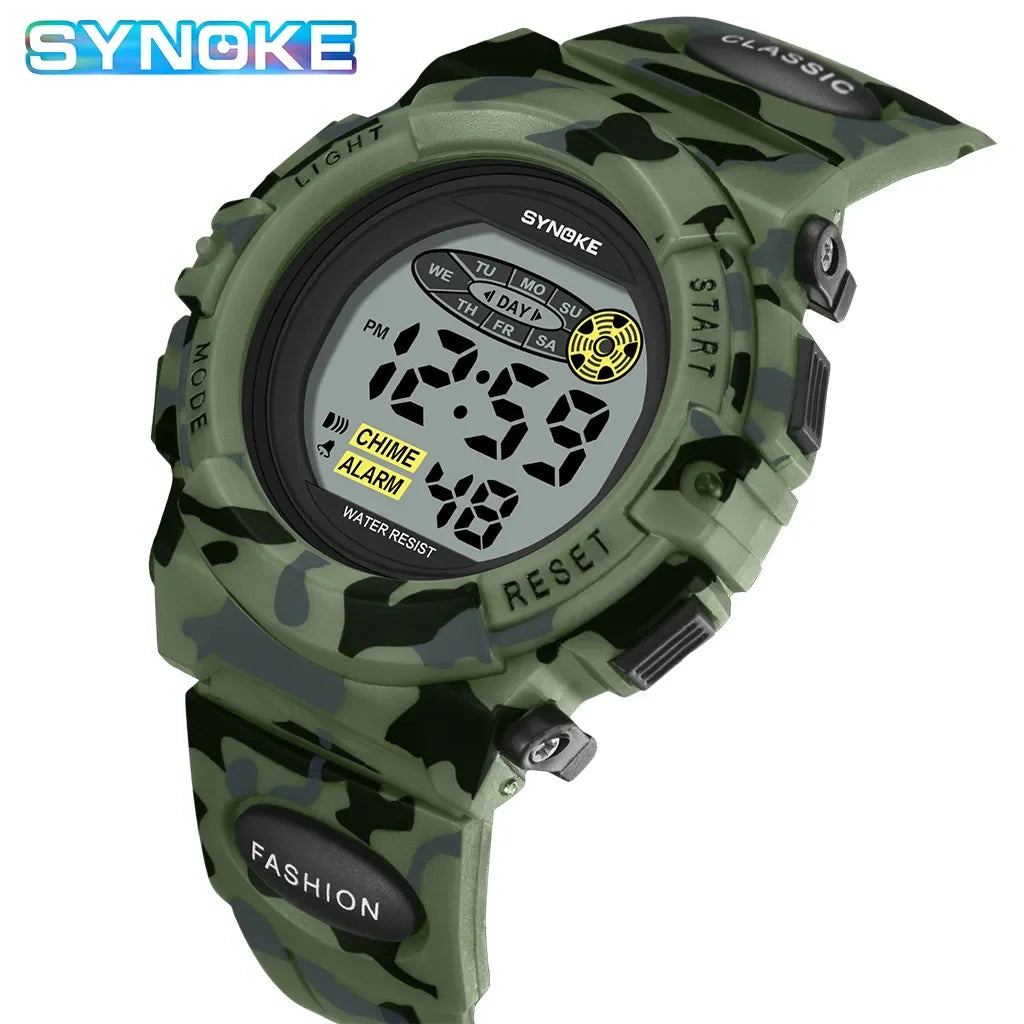 SYNOKE Student Sport Watch For Kids Colorful Electronic Watches 50M Waterproof Clock Children Digital Watch For Boys Camouflage