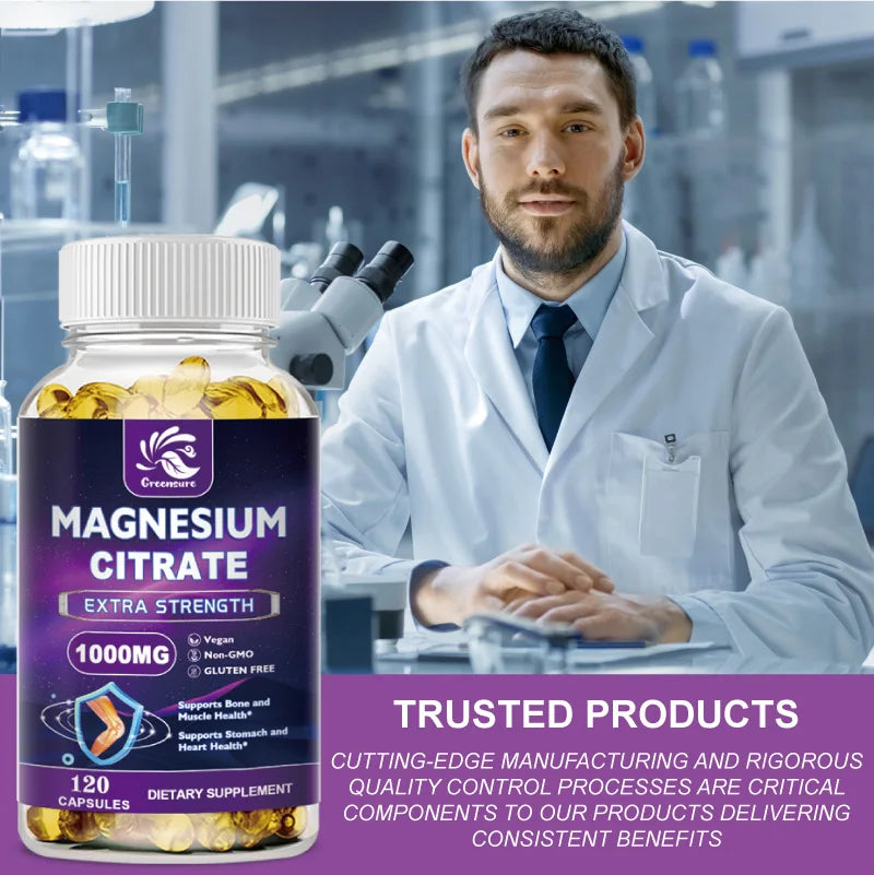 Greensure Magnesium Citrate Capsule 1000 Mg - Support for Women & Men Non-GMO Veggie Capsules - 60/120 Capsules