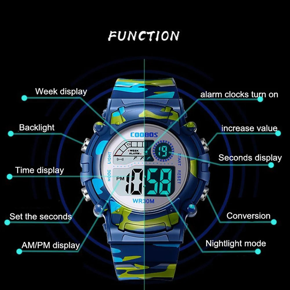 COOBOS Children Watch Navy Blue Camouflage Kids Watch Sport LED Digital Watch Waterproof Luminous Watches For Student Boys Girls