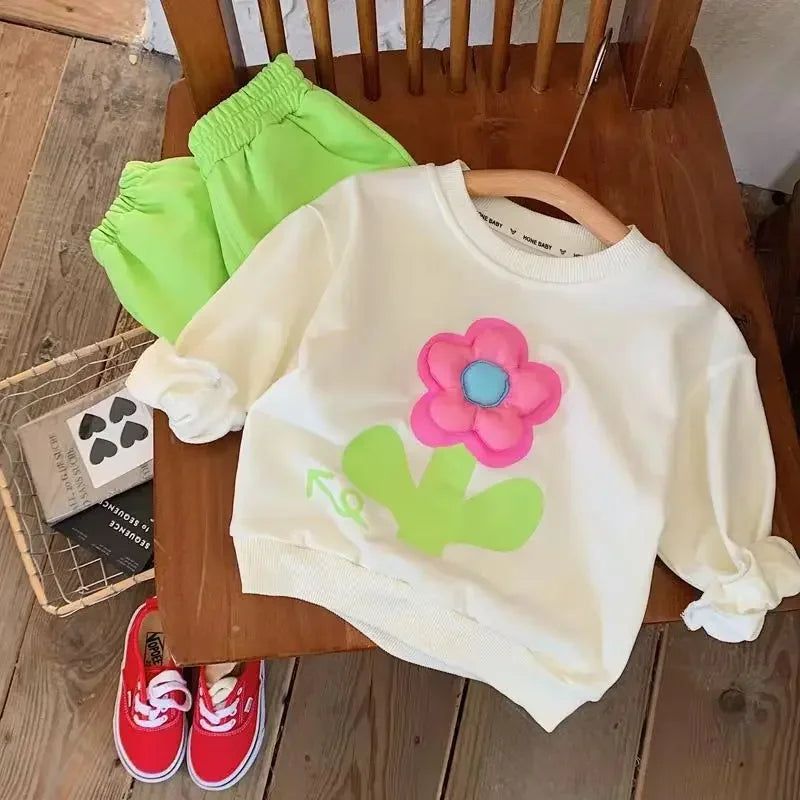 Autumn Baby Girl Clothes Set Children Sports Stereoscopic Floral Sweatshirt Top and Pants Buttom Two Piece Suit Cotton Tracksuit