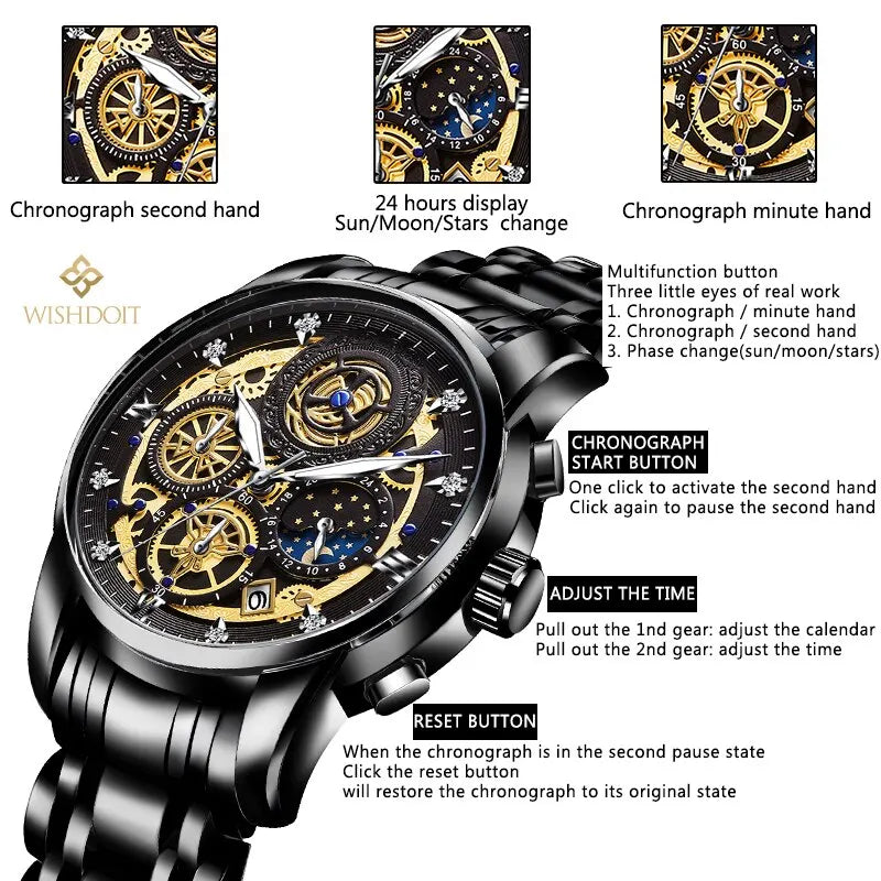 WISHDOIT Original Watch for Men's Waterproof Stainless Steel Quartz Analog Fashion Business Sun Moon Star Wristwatches Top Brand