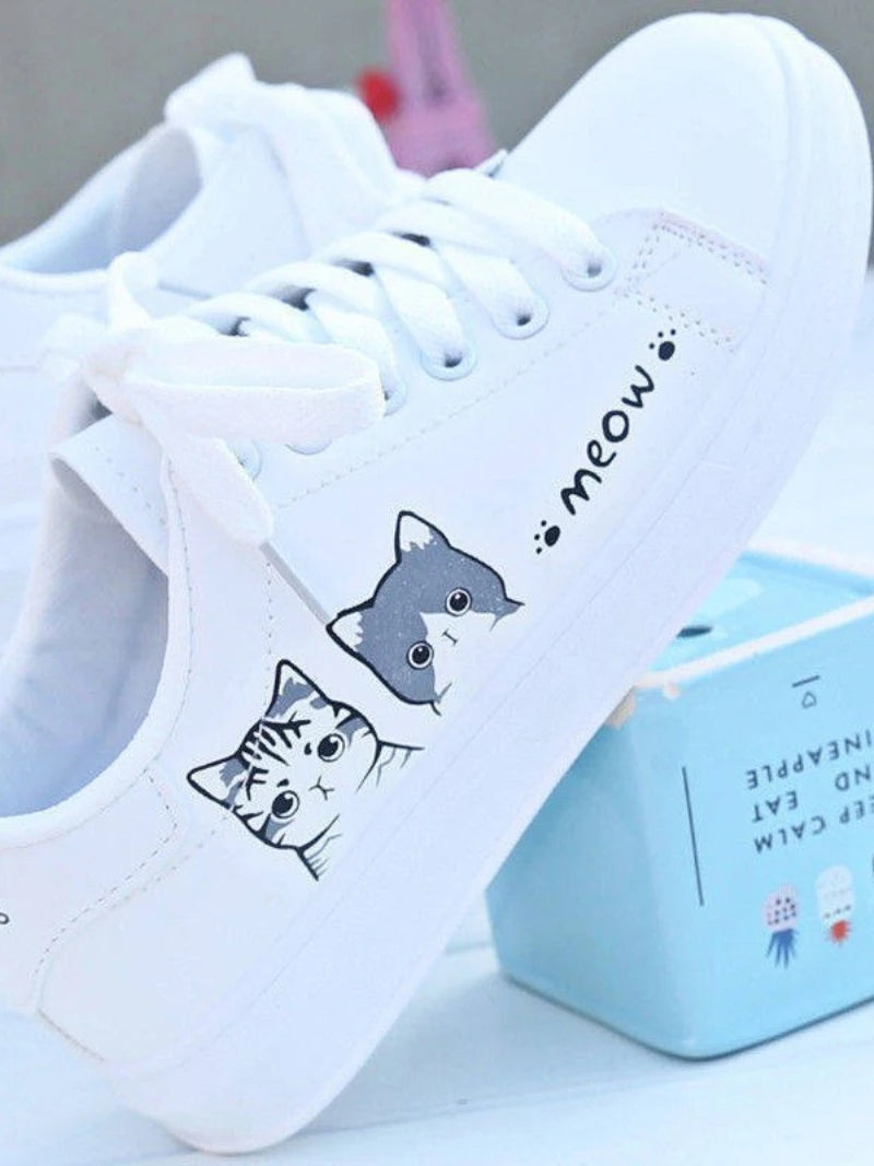 2023 New Arrival Fashion Lace-up Women Sneakers Women Casual Shoes Printed summer Women Pu Shoes Cute Cat  Shoes