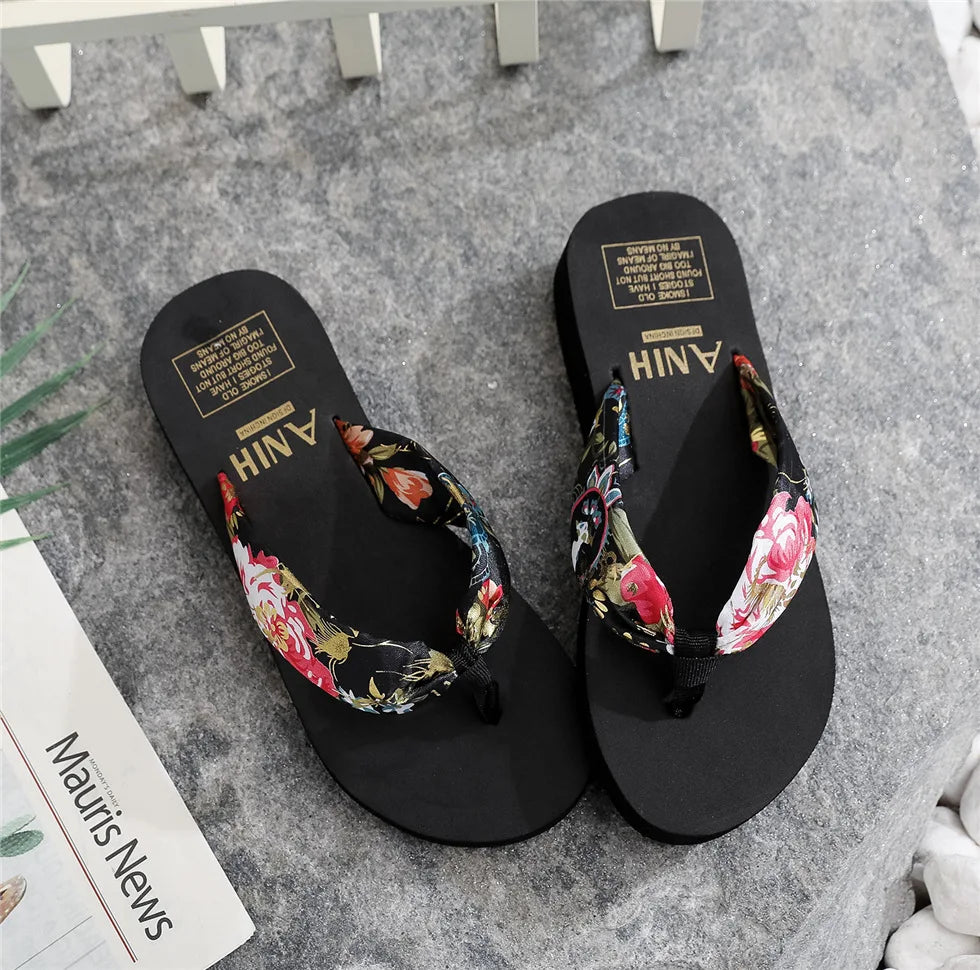 Summer Floral Printing Slippers Women Bohemian Satin Strap Platform Wedge Flip Flops Outdoor Thick Bottom Beach Shoes Thick heel