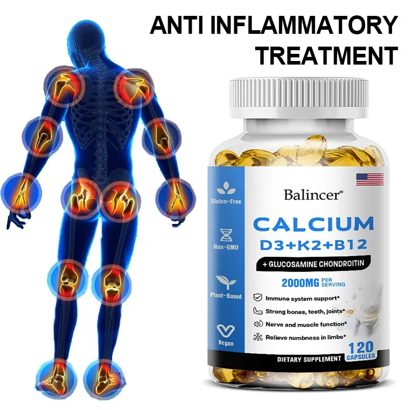 Calcium + Vitamins D3, K2 & B12 + Glucosamine Chondroitin - Supports Bone, Teeth & Muscle Health