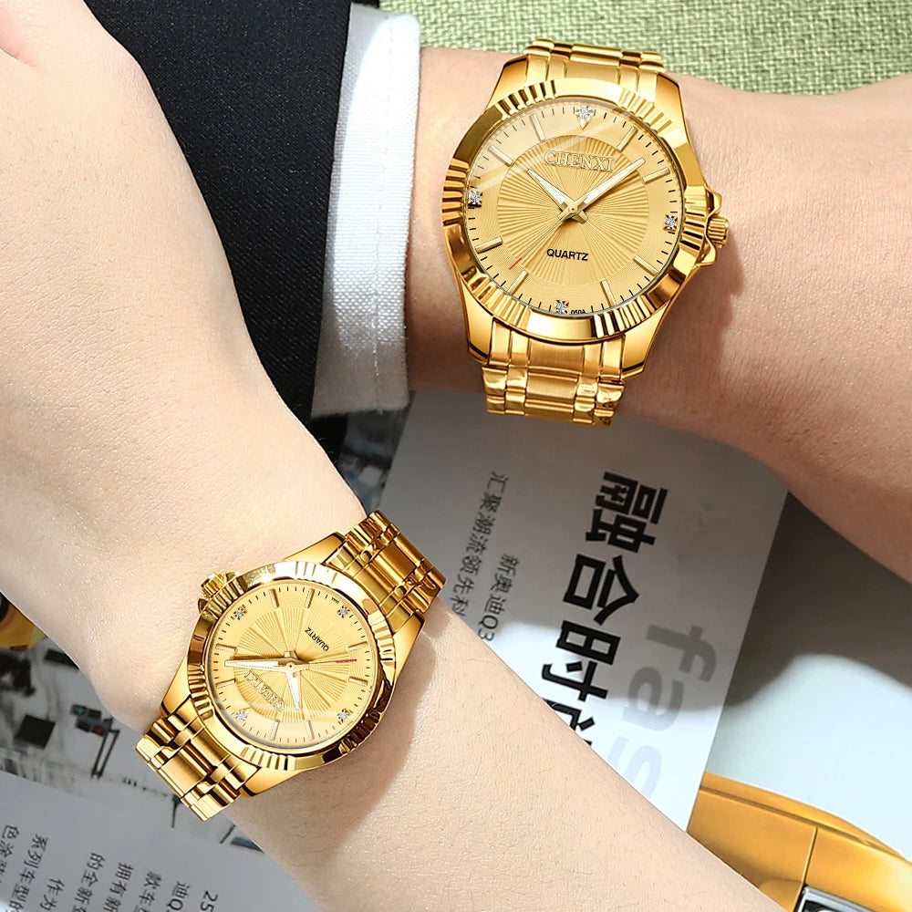 CHENXI Brand Classic Delicate Rhinestone Couple Lover Watches Fashion Luxury Gold Stainless Steel Men&Women Watch Orologi Coppia