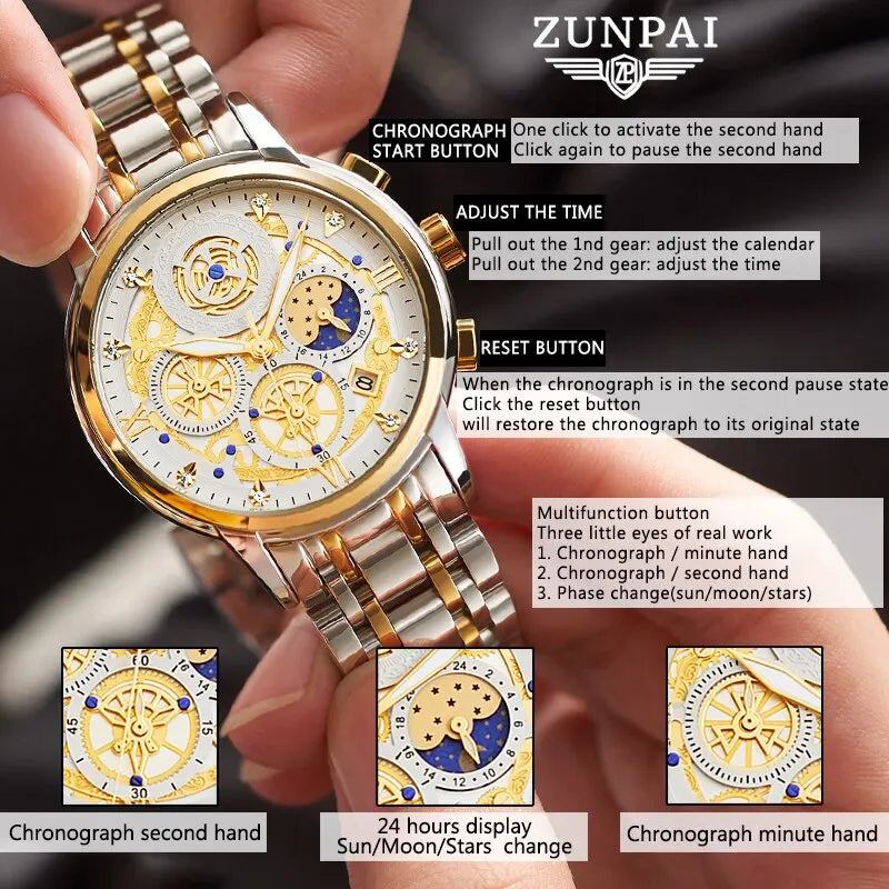 ZUNPAI Original Watch for Men Waterproof Stainless Steel Quartz Analog Fashion Business Sun Moon Star Wristwatches Top Brand