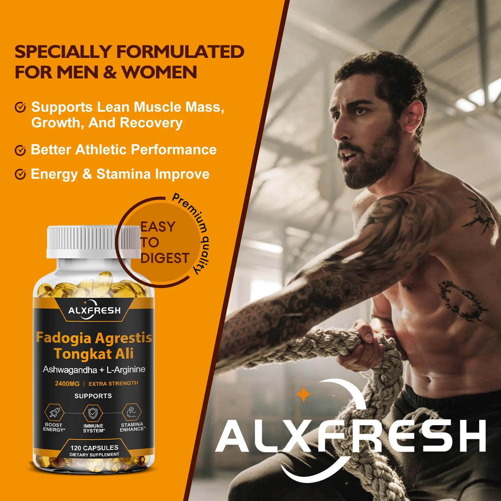 Alxfresh Fadogia Agrestis 1000mg Complexed with Tongkat Ali 500mg Zinc Ashwagandha L-Arginine Black Pepper Supplement for Men